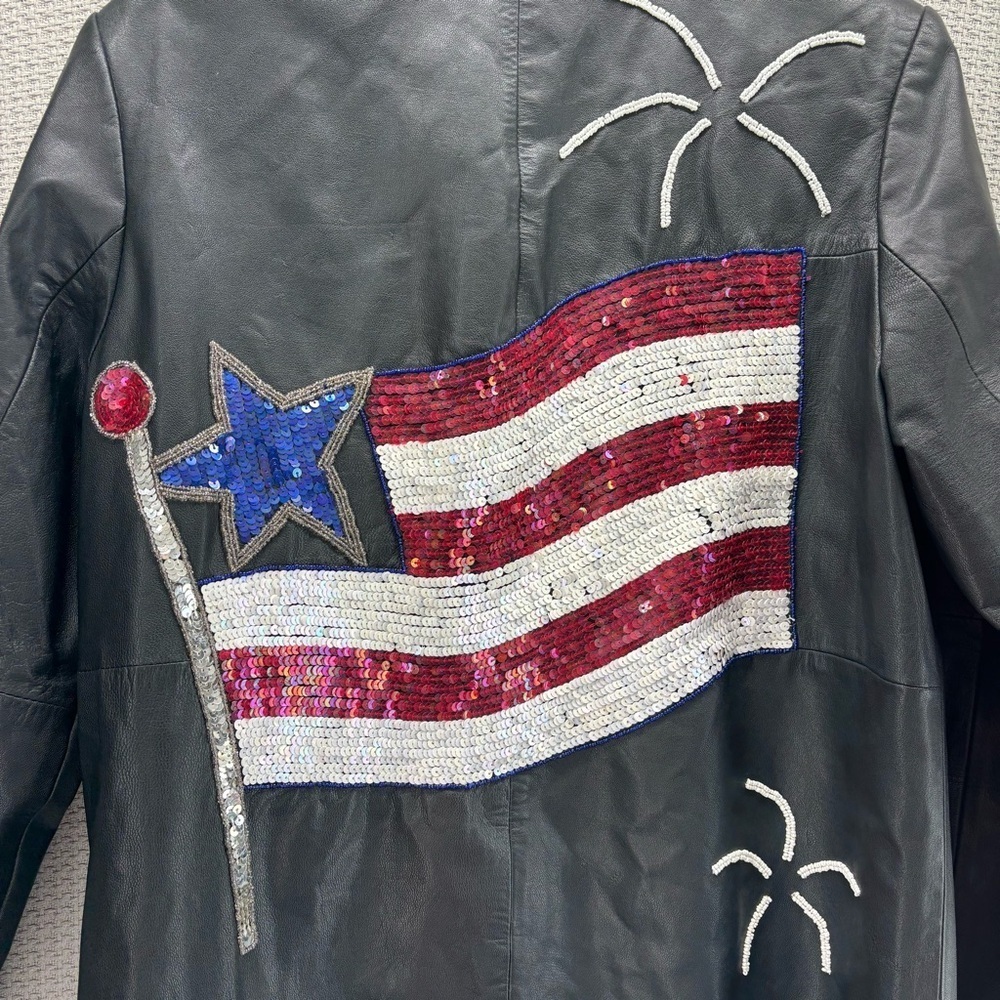 Vtg Quacker Factory USA Flag Sequined 100% Leather Jacket Women Sz S Patriotic - Picture 6 of 6